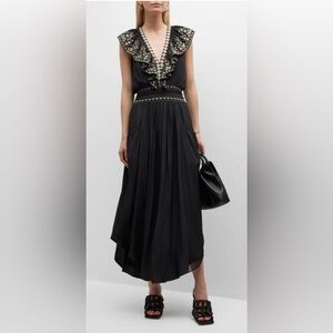 Ramy Brook Camden Embroidered Maxi Dress Size S Black Gold Pockets Smocked